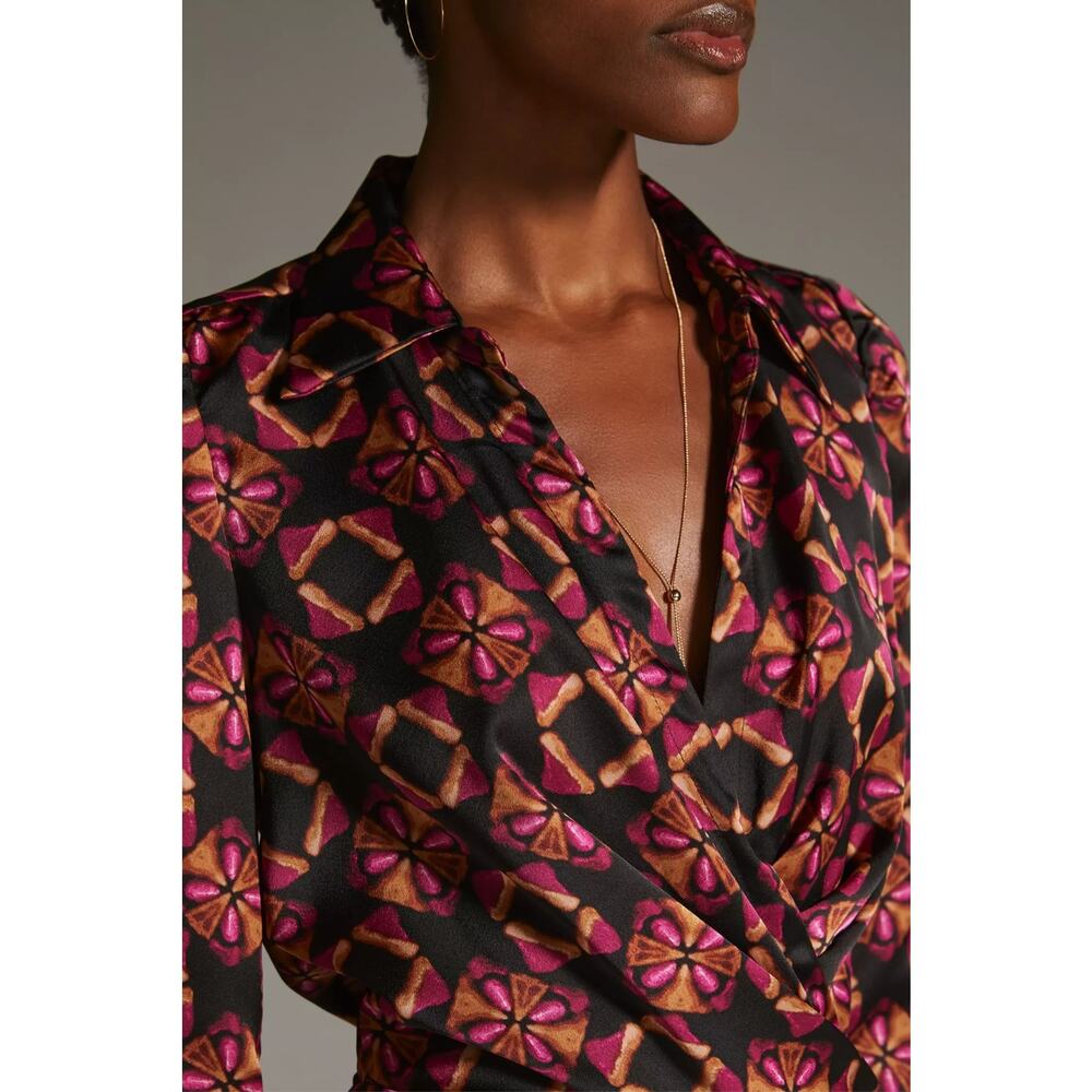 New Anthropologie x MISA Long-Sleeve Geo Wrap Dress $435 MEDIUM Midi Black - Picture 3 of 7